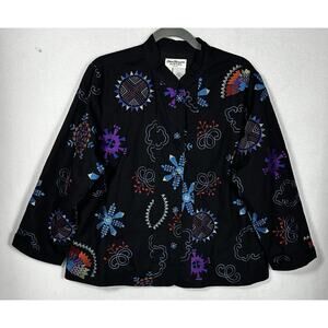 Norm Thompson Floral Embroidered Black Jacket Boho Size P Large Art to Wear VTG